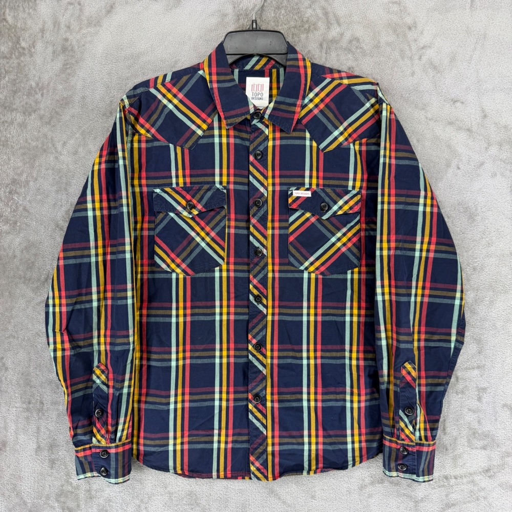Topo Designs Mens Western Plaid Button Down Shirt Navy Red Yellow Large L